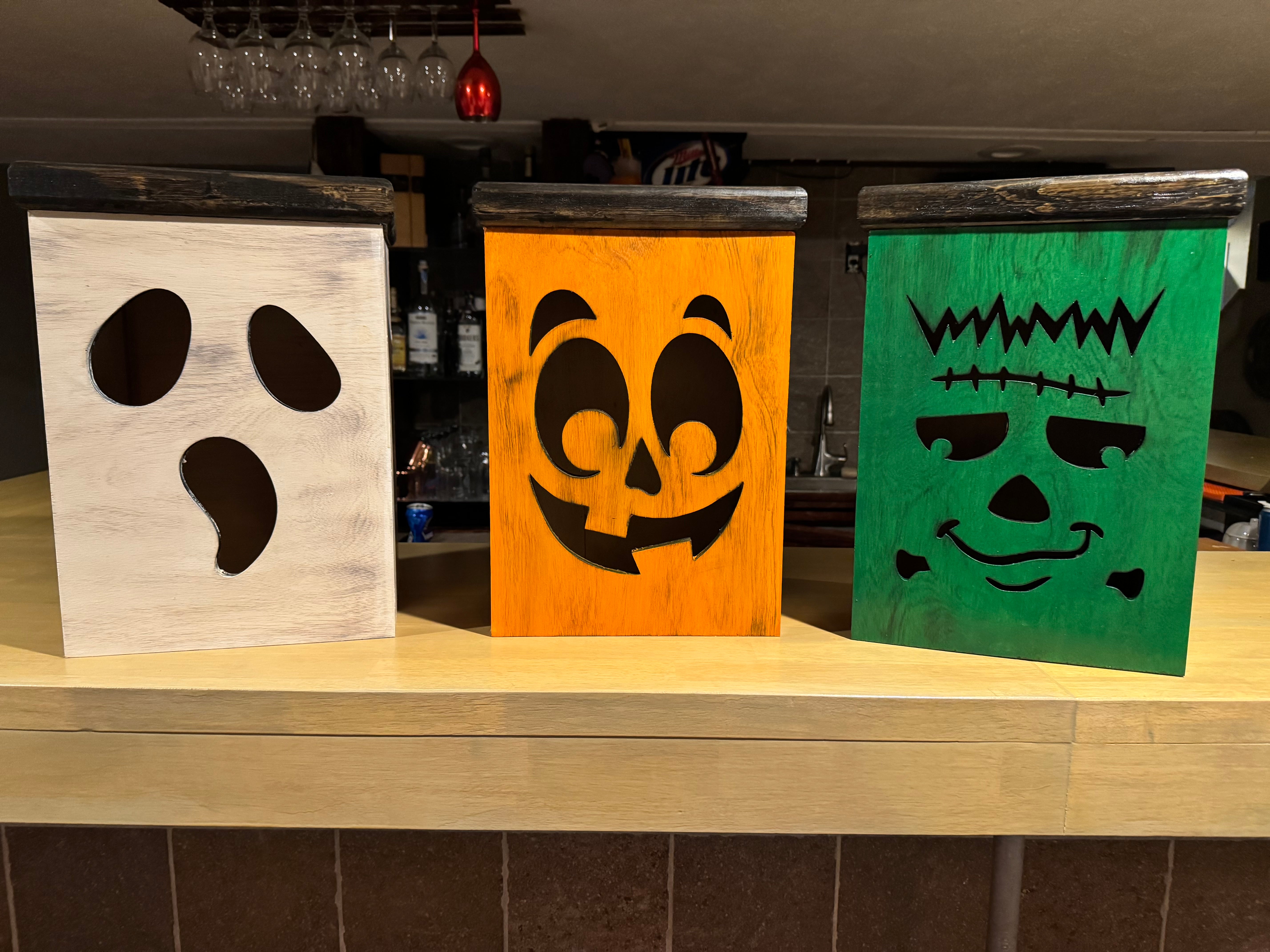 Large Wooden Halloween Lanterns – Ghost, Pumpkin, or Frankenstein